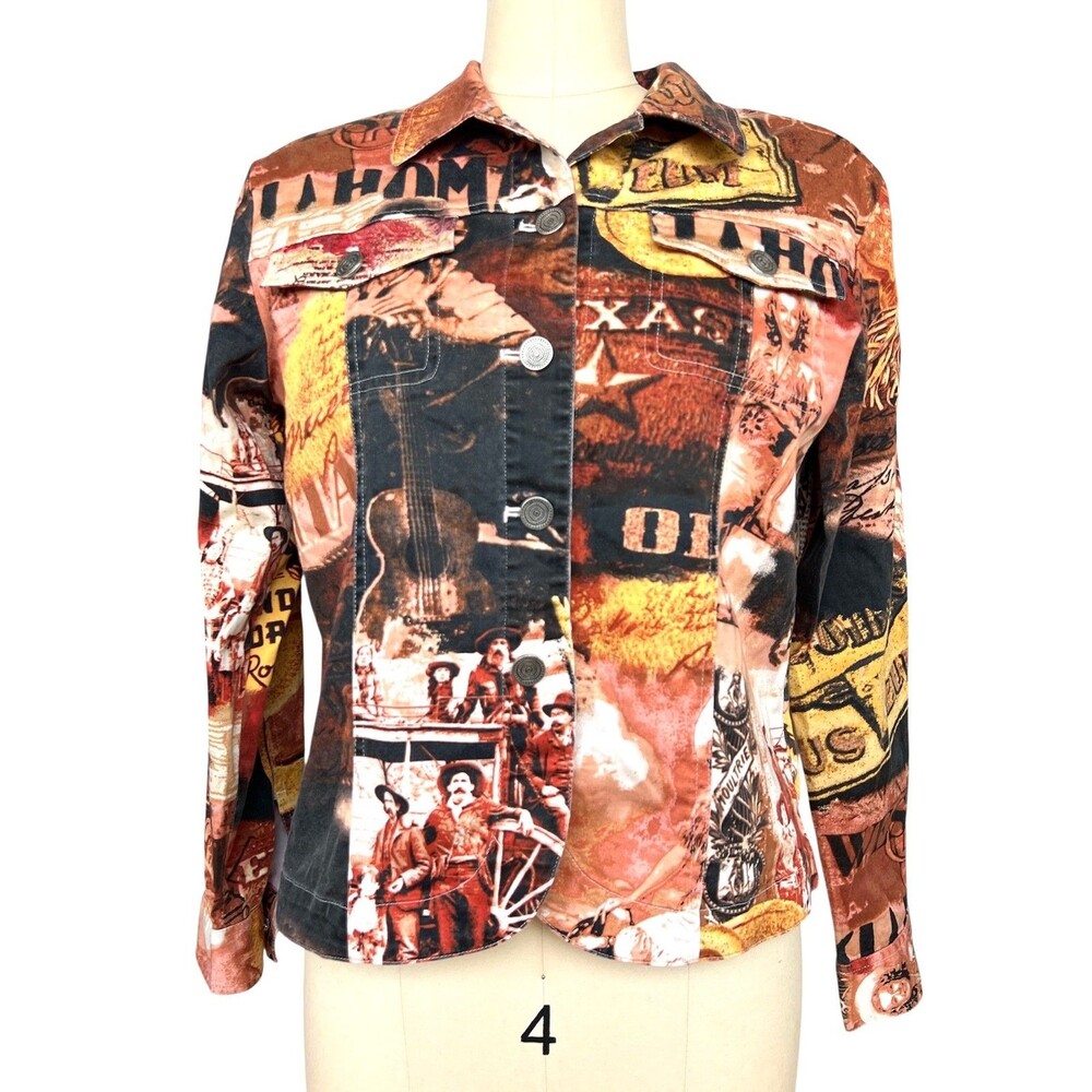 VTG Y2K Western Cowboy Collage Print Jacket Cotton Rodeo Wearable Art Desert S/M